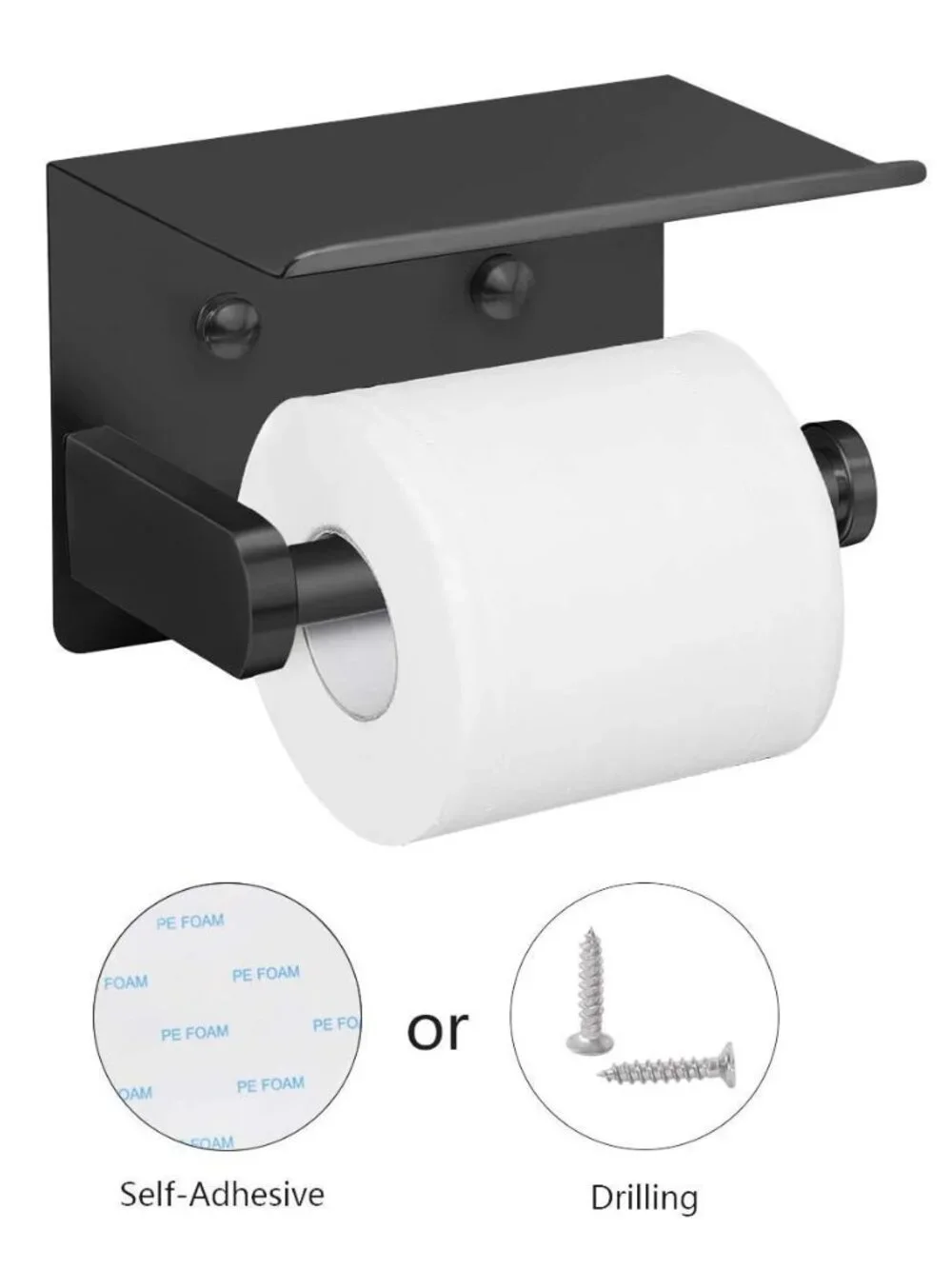 Adhesive Toilet Paper Holder with Phone Shelf Wall Mount Stainless Steel Black